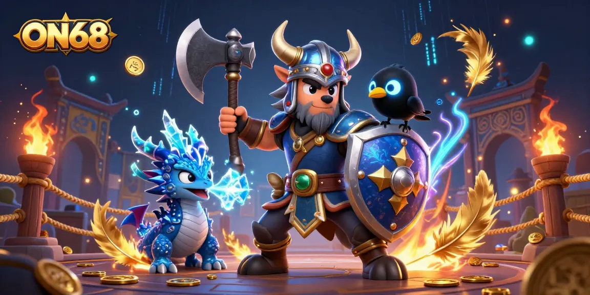 ON68 players engage in thrilling battles alongside a Viking wolf warrior, dragon, and raven in a dynamic 3D casino scene