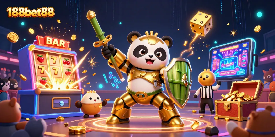 Engaging scene showcasing 188bet88 with a mech-suit panda and dynamic casino elements including gold coins and slot machines.
