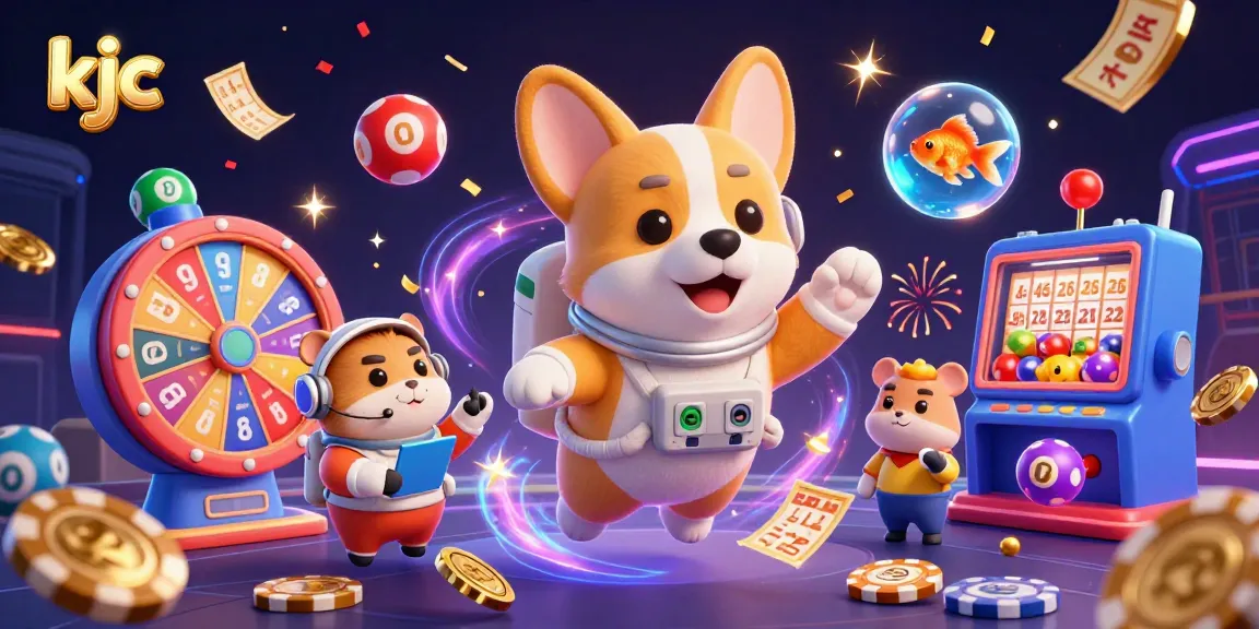 KJC brings excitement to gambling with a floating casino scene featuring animated characters and vibrant games.