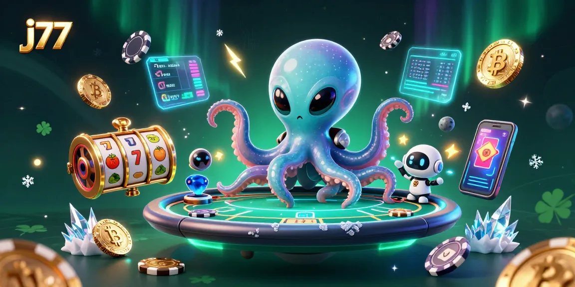 Experience thrilling gameplay at J77 with an alien octopus managing a holographic poker table.