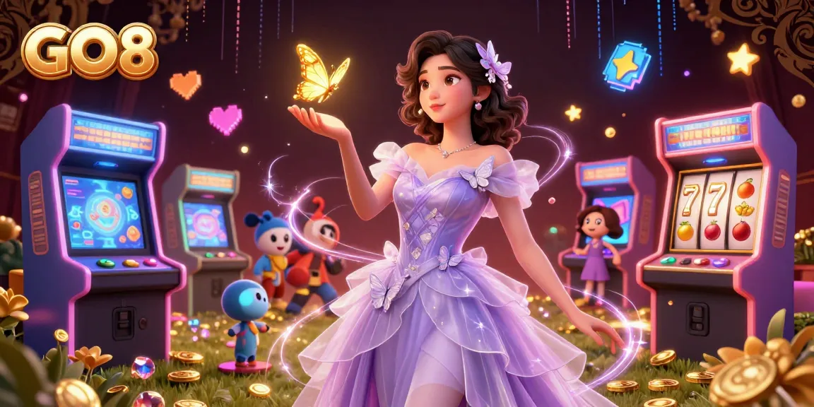 Engage in thrilling gaming at GO8 with a stunning woman in a casino setting surrounded by colorful elements.