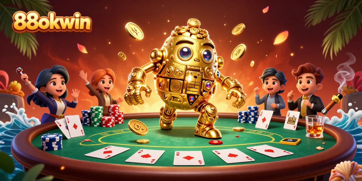 Experience thrilling games at 88okwin with the ancient golem amidst poker action and vibrant casino atmosphere.
