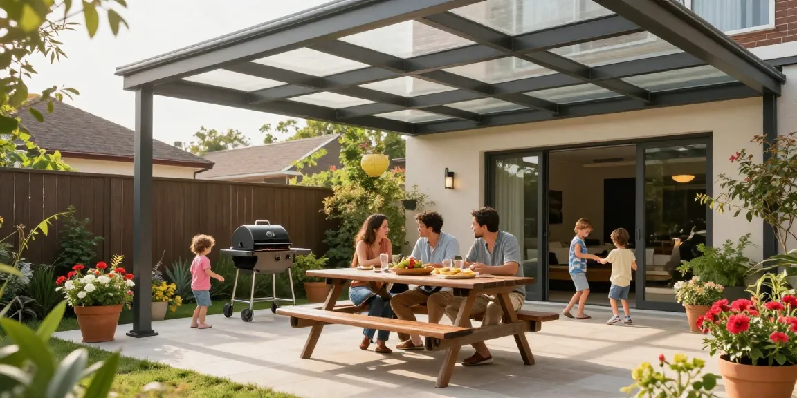 Gemütliche Terrasse mit Terrassenüberdachungen, Familie genießt den Sonnenschein und den Garten