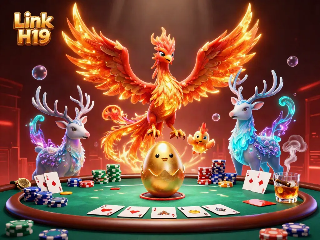 Experience the thrilling world of gambling with Link H19, where a fire phoenix soars amidst a poker table and vibrant gaming elements.