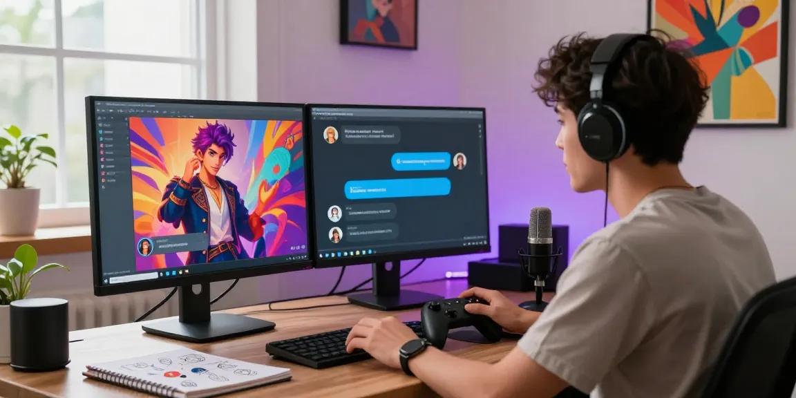 A young adult interacting with an NSFW character AI in a modern home office, showcasing vibrant graphics and a cozy atmosphere.