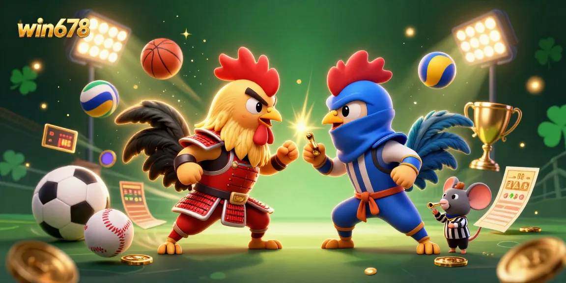 win678 showcases vibrant roosters in dramatic standoff amidst dynamic casino elements, featuring thrilling gambling action