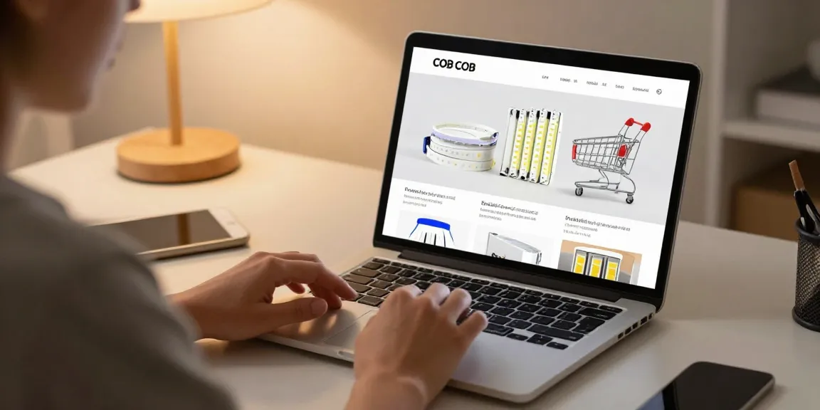 Femeie care navighează pe un site de e-commerce pentru benzi LED COB, descoperind cele mai bune oferte în shopping online.