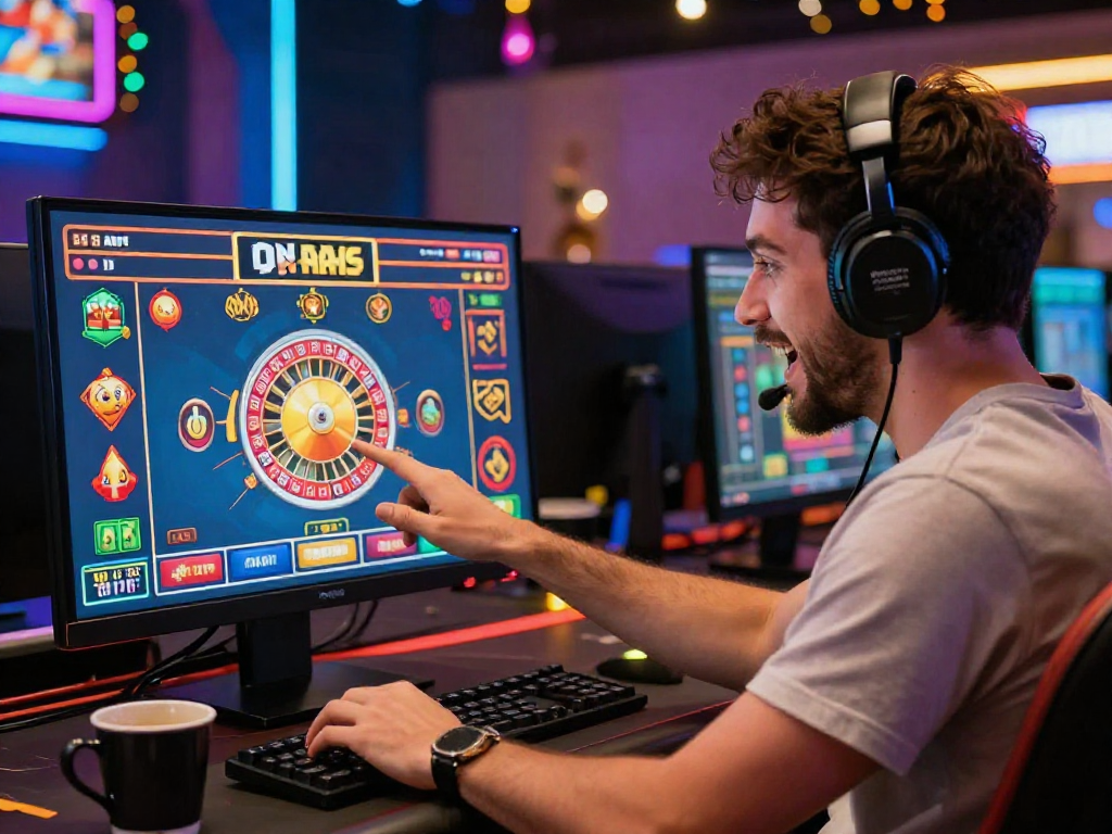 Giocatore emozionato su casino non aams con grafica colorata e luci vivaci.