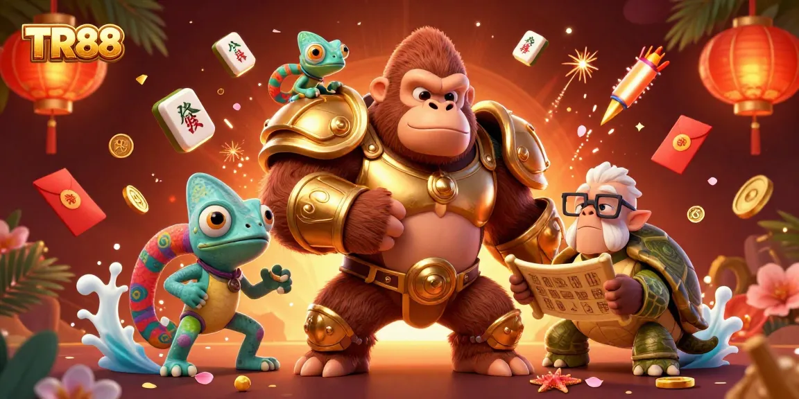 Experience excitement at TR88, showcasing vibrant casino elements with a powerful king, clever chameleon, and wise tortoise.