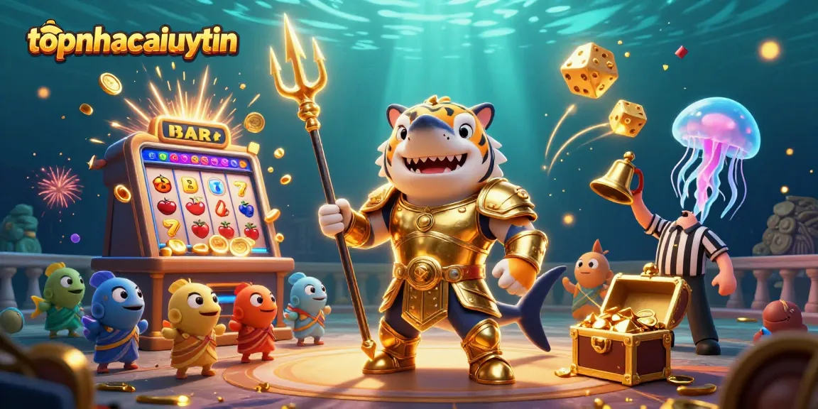 Experience thrilling bets at topnhacaiuytin with a ferocious shark wielding a trident in a dynamic casino scene.