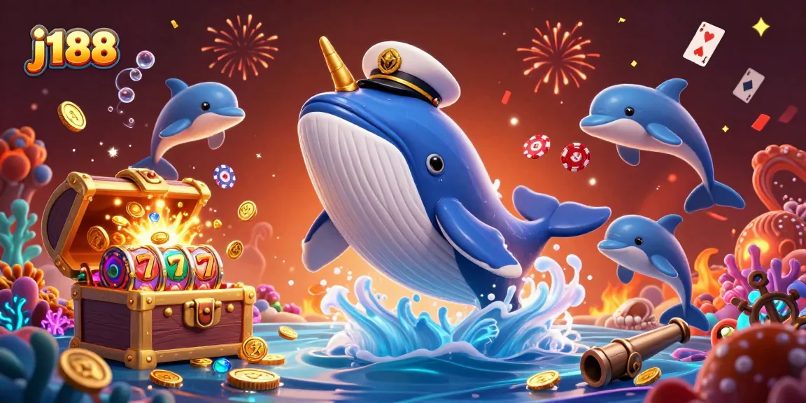 Play exciting j188 slots with a jovial whale and friends in a treasure-filled scene.