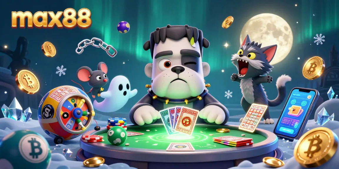 Max88 lottery excitement with a Frankenstein bulldog, bingo cards, and cash prize wheels.