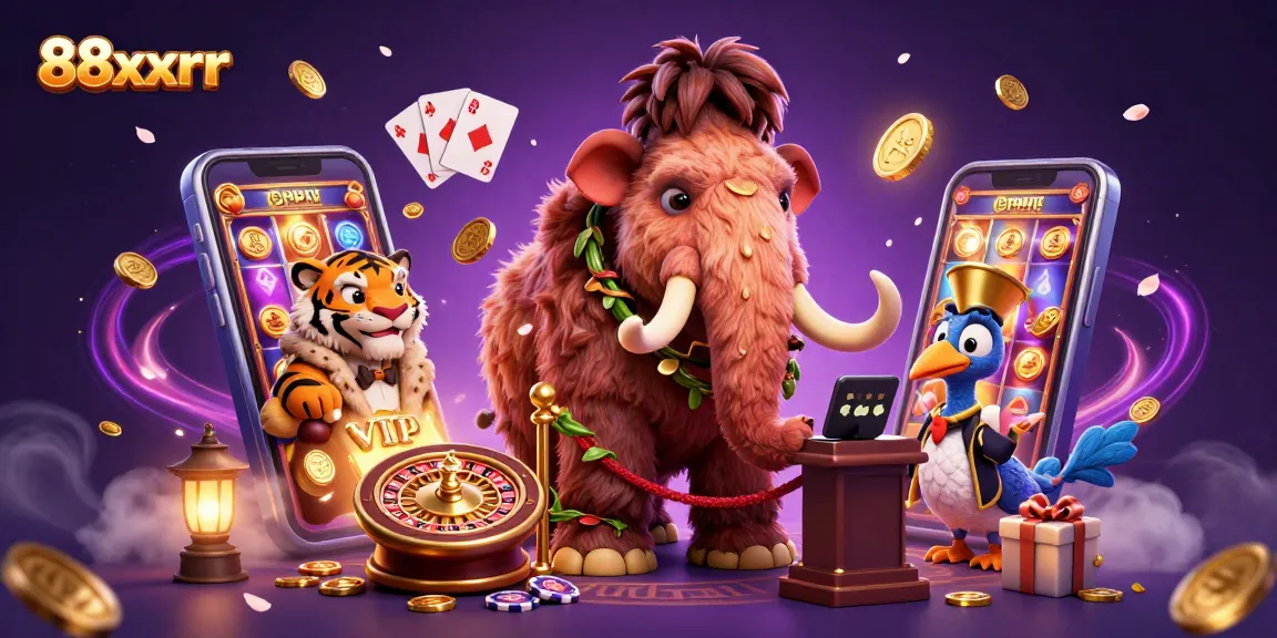 88xxrr casino scene with a woolly mammoth, saber-tooth tiger, and dodo bird showcasing gaming excitement.