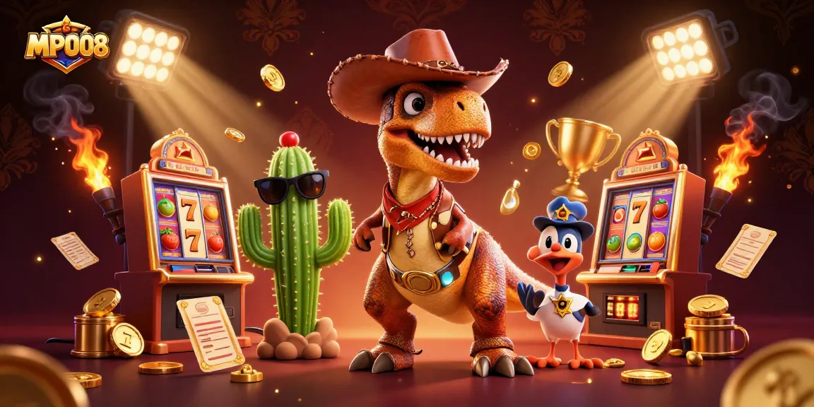 MPO08 provides exciting slot gaming with a T-Rex cowboy and friends amidst vibrant carnival elements.