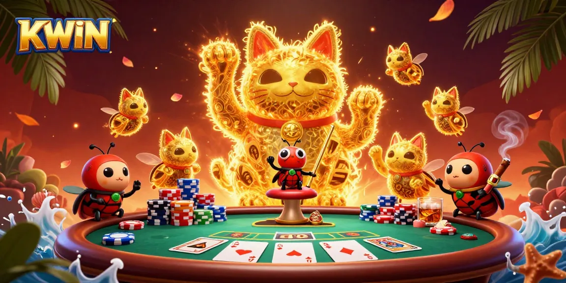 KWIN offers a vibrant gaming experience with a joyful lucky cat and immersive casino symbols.