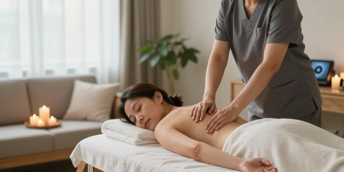 광명출장안마 세션에서 아로마 오일을 바르는 마사지 치료사와 아늑한 장면