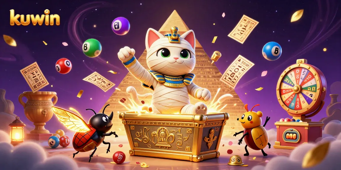 kuwin's exciting cartoon scene shows a mummy cat and scarab among lottery games in a vibrant casino setting.