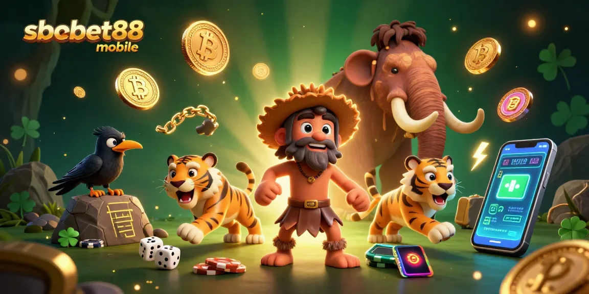 Experience sbobet88 mobile excitement with a prehistoric casino duo and vibrant Bitcoin coins.