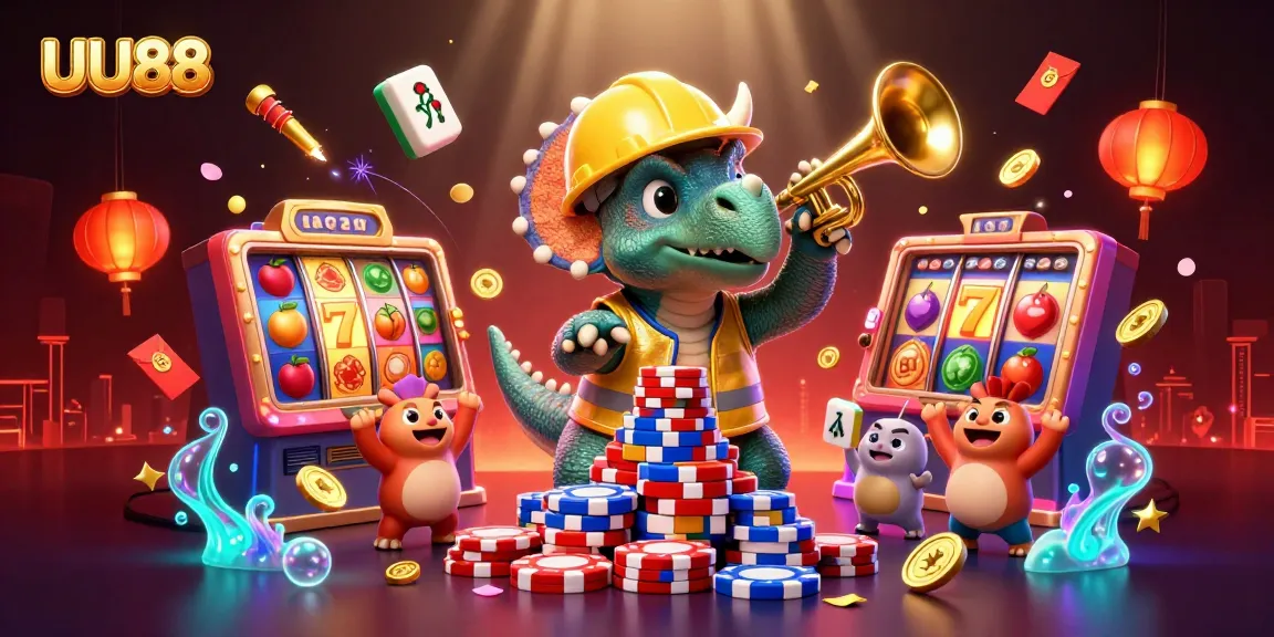 Celebrate with UU88 as a triceratops builds poker chip pyramids amidst vibrant casino elements.