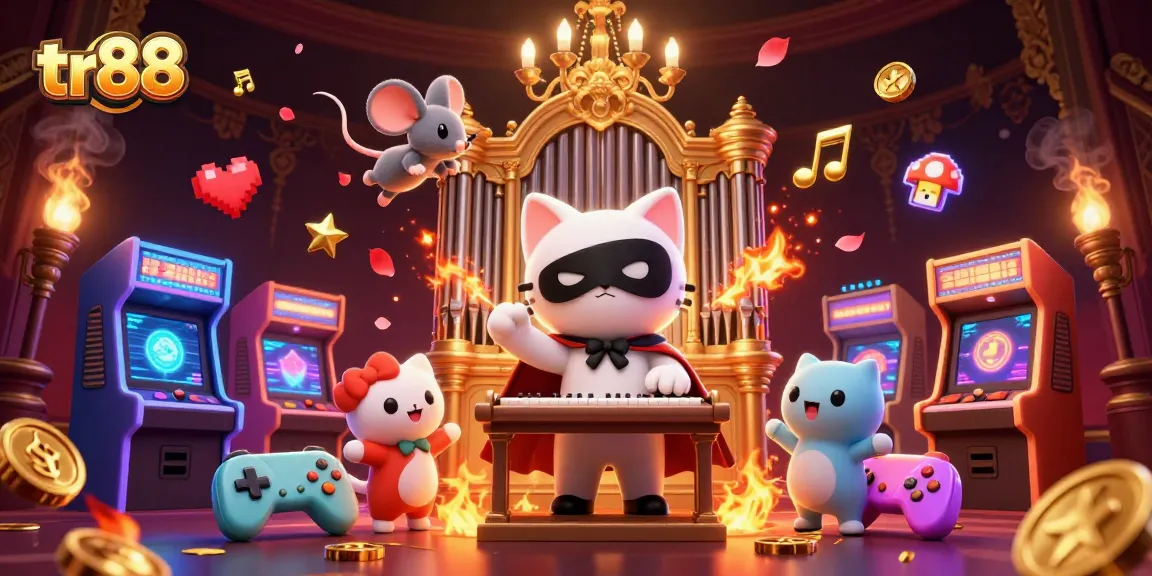 Experience thrilling casino action at tr88 with a whimsical scene featuring game machines and vibrant characters.