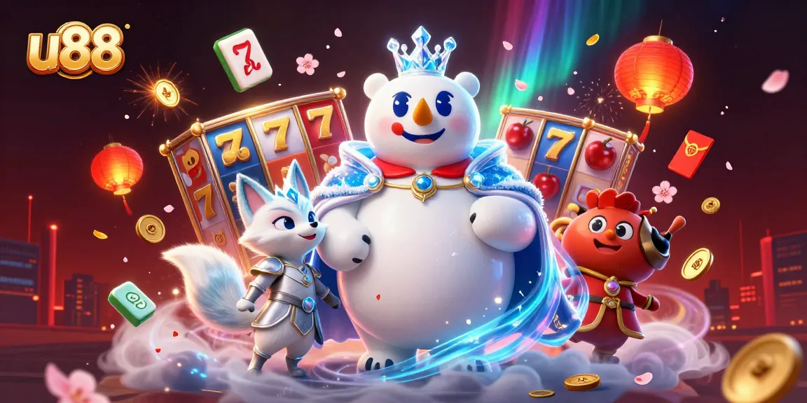 Engage with u88, a captivating scene featuring lucky symbols and gaming elements amidst dynamic characters.