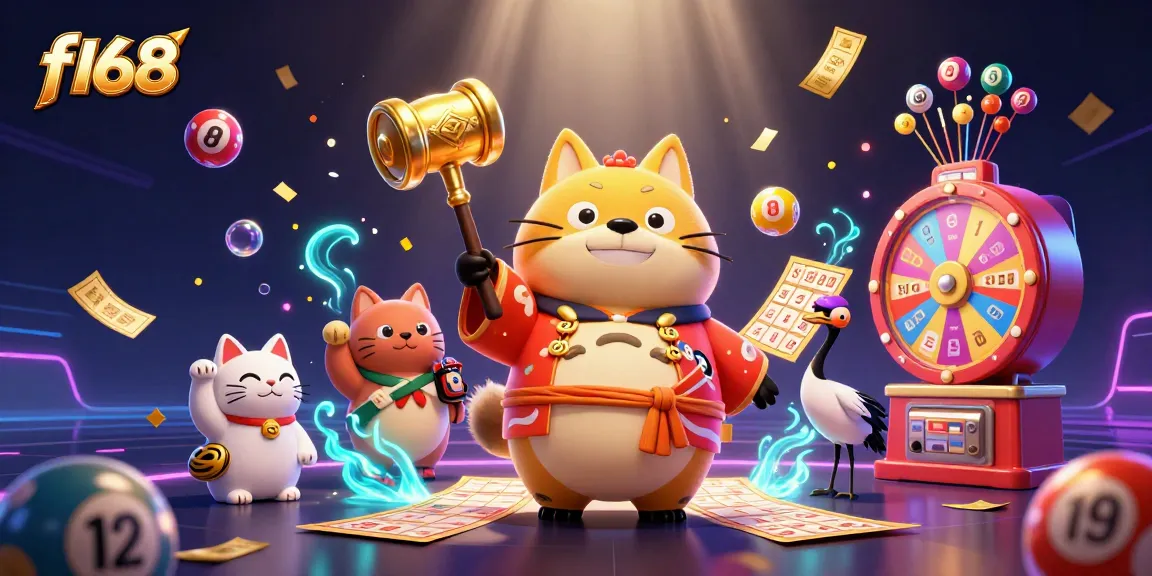 Experience excitement at f168 with a lucky tanuki and colorful lottery elements in a vibrant online casino scene.