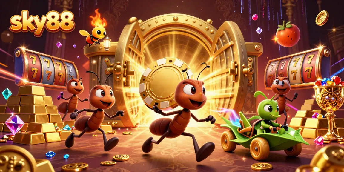 Engaging gameplay action at sky88 featuring cartoon ants with poker chip in a vibrant casino setting.