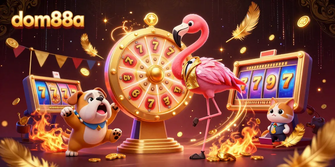 Experience thrilling gameplay at dom88a with vibrant prize scenes, slot reels, and golden tokens.