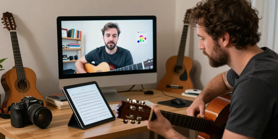 Instructor and student engaged in Zoom guitar lessons, showcasing personalized online music education.