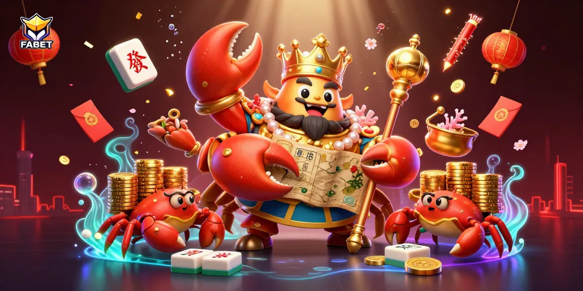 FABET showcases an animated crab emperor with treasure and chips, celebrating in vibrant casino elements.