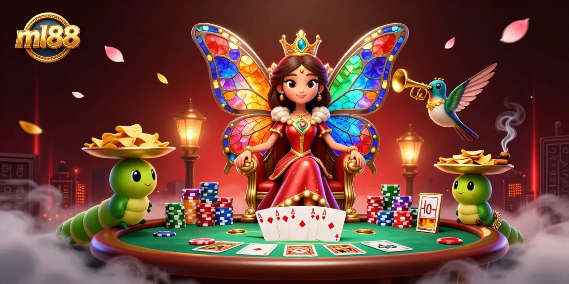 ml88's butterfly queen presides over a vibrant casino scene filled with poker elements and lively decorations.