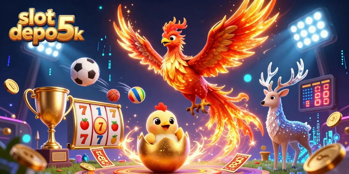 Experience thrilling slot depo 5k gaming with a vibrant 3D illustration featuring phoenixes, trophies, and dynamic gameplay elements.