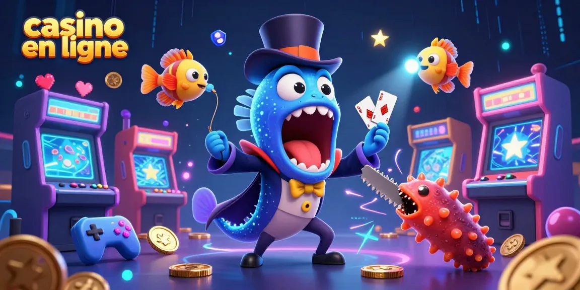 Profitez d'une illustration captivante de casino en ligne avec un poisson-lanterne jouant les lumières et des jeux de casino animés.