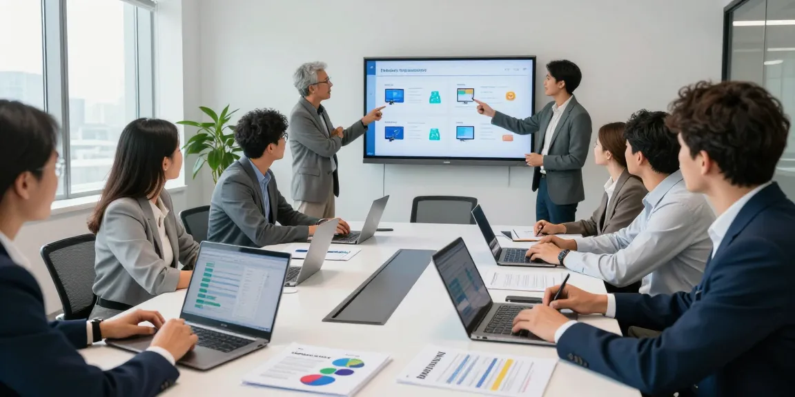 Compare business mobile deals UK in a vibrant office meeting with diverse professionals discussing options and data.