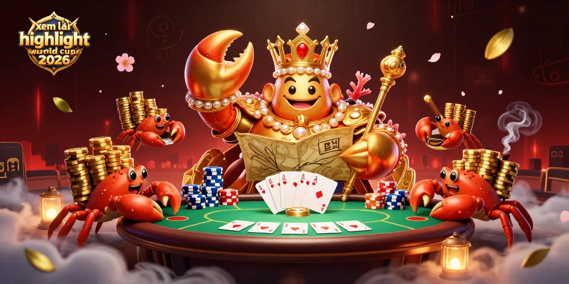Experience the excitement of xem lại highlight world cup 2026 through a vibrant, engaging 3D illustration of golden crab emperor and poker elements.