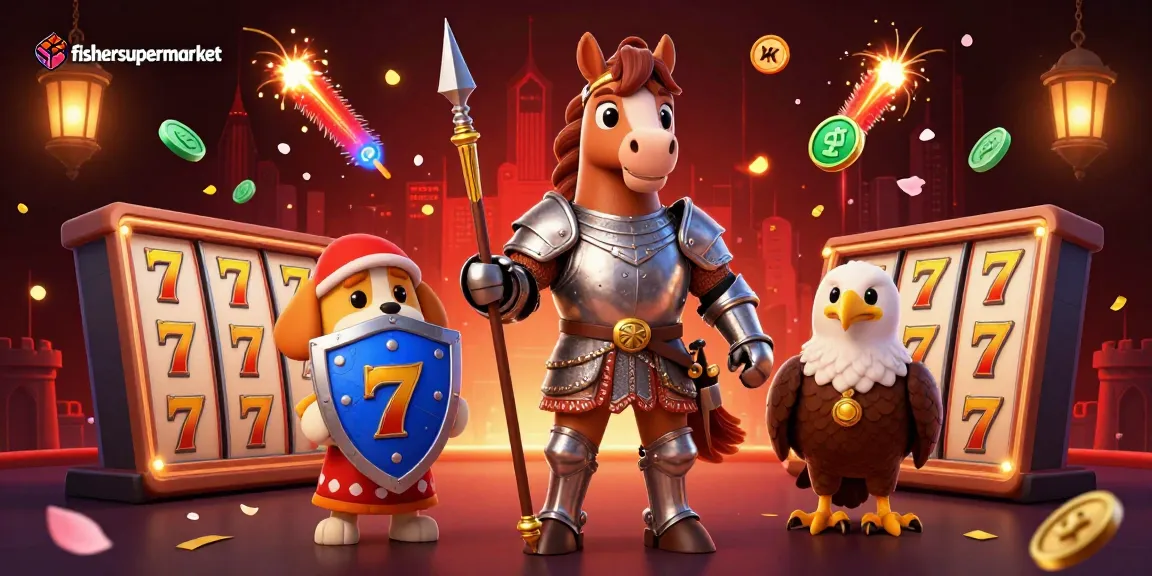 Spin the reels at fishersupermarket's casino, featuring dynamic slot elements and vibrant 3D characters!
