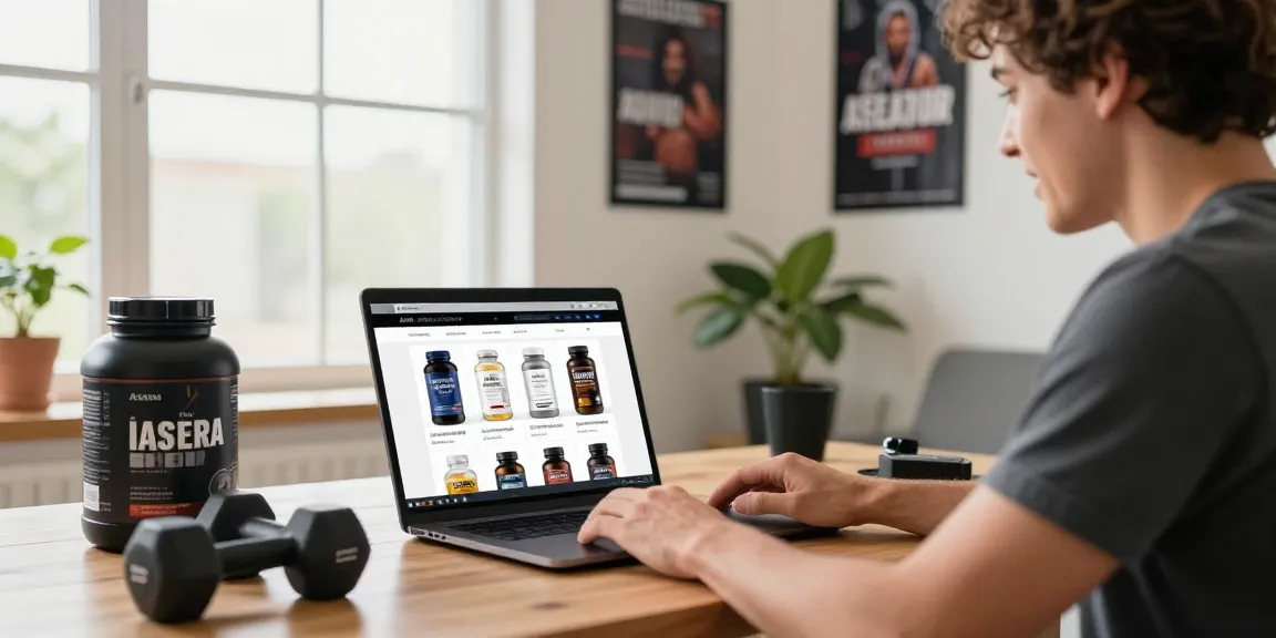 Shopping for steroids at Astera Shop on a laptop in a bright home office.