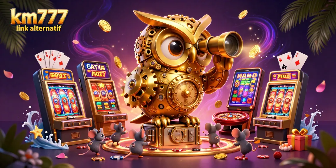 Experience km777 link alternatif with a vibrant 3D casino scene featuring an owl and whimsical mice.