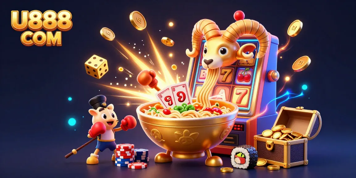 Experience dynamic gaming action at U888 COM with vibrant casino characters and a jackpot slot machine.