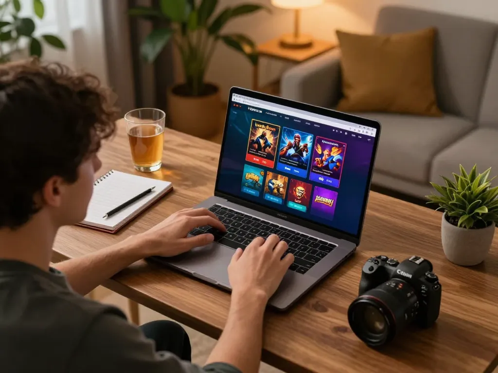 Engaging with luck8com while enjoying a casual home gaming session on a laptop.