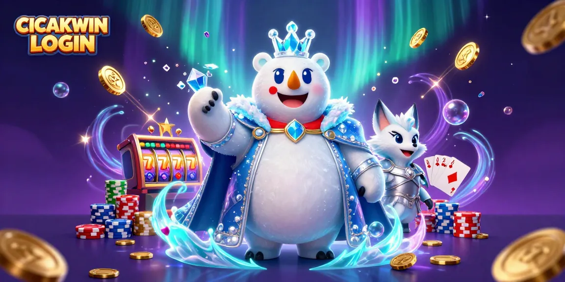 CICAKWIN LOGIN showcases a vibrant online casino scene with a majestic ice king polar bear and snow fox, surrounded by immersive gaming elements.