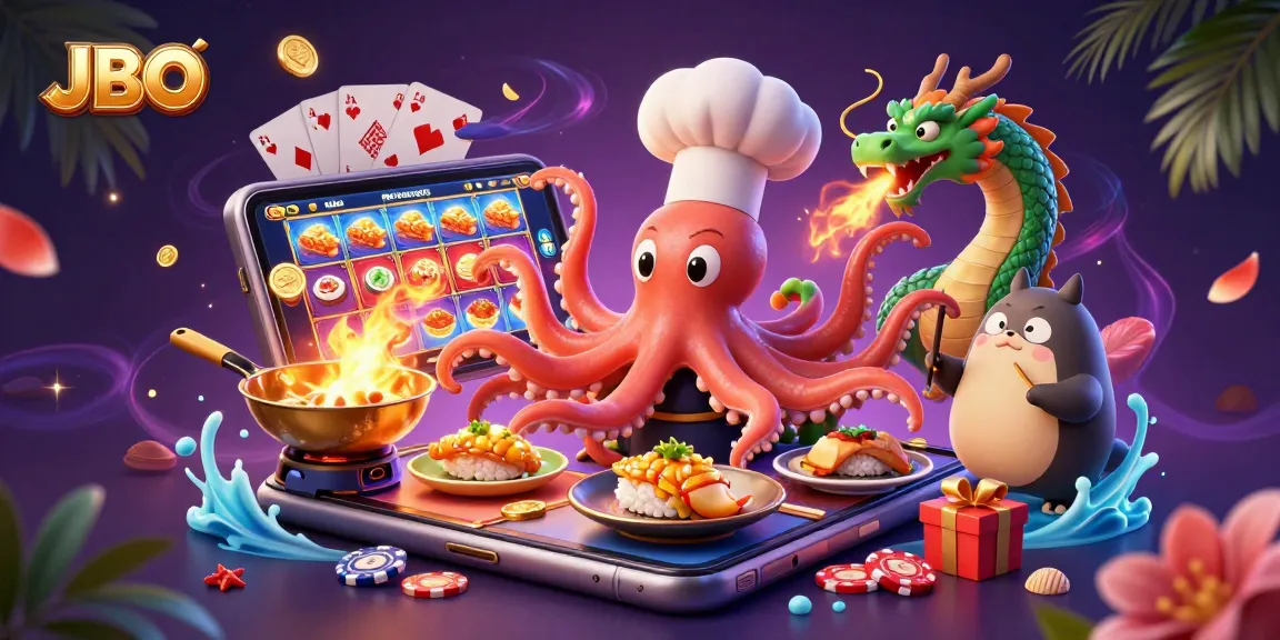 Engage in thrilling gameplay at JBO with a vibrant casino scene featuring an octopus chef, colorful slot game, and festive elements.