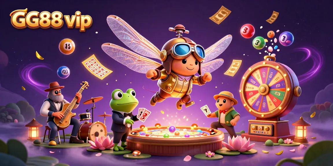 Experience gaming excitement with GG88 vip as dragonfly pilot and frog dealer animate a vibrant casino scene.