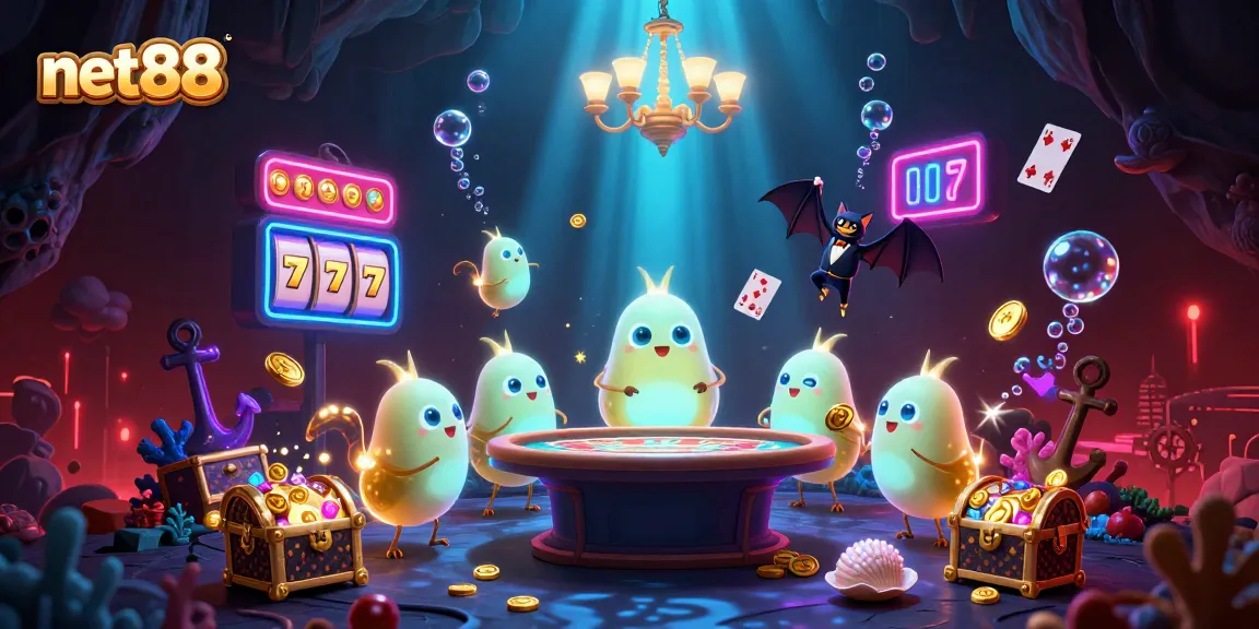 Play slots and win big at net88 with this vibrant gambling scene featuring glowworms and exciting casino elements.