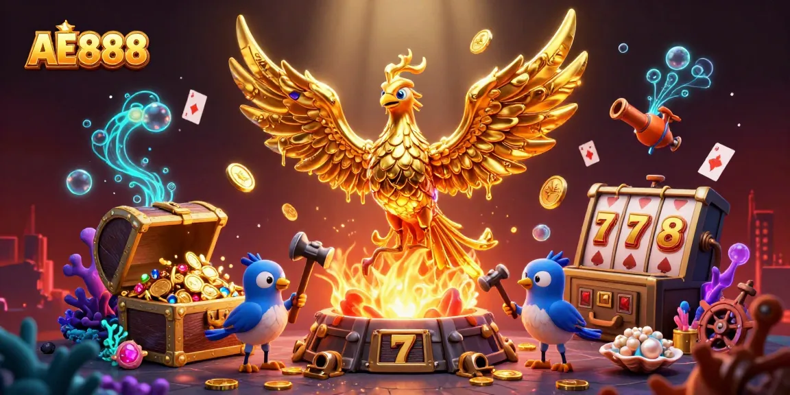 Win big at AE888 with an exciting golden phoenix emerging from a jackpot scene filled with floating cards and treasures.