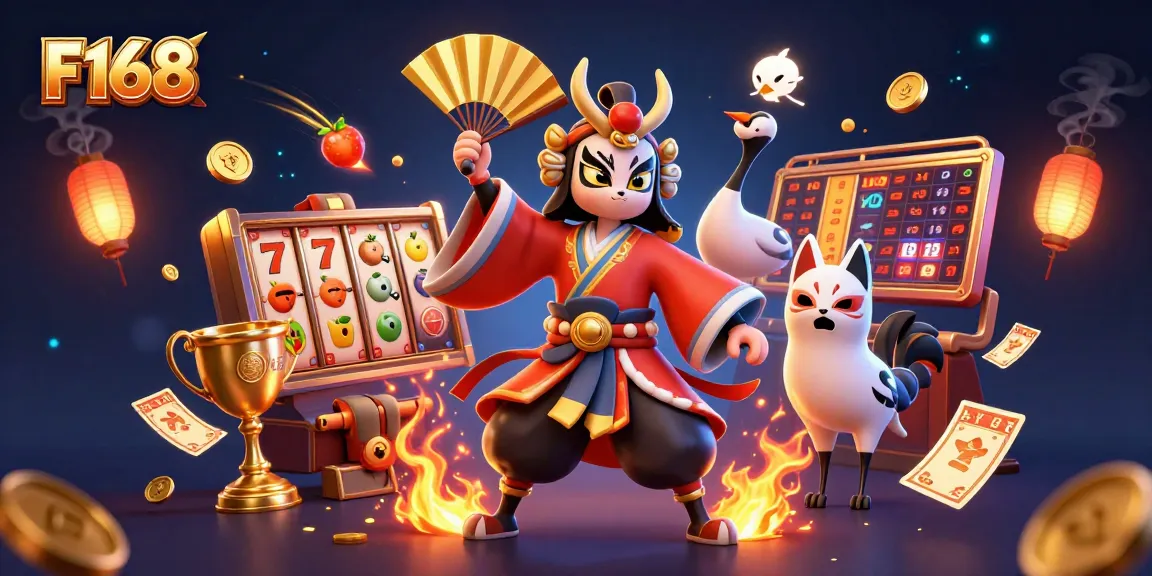 Engage in exciting gameplay at F168 with vibrant slot reels, a kabuki warrior, and dynamic casino elements.