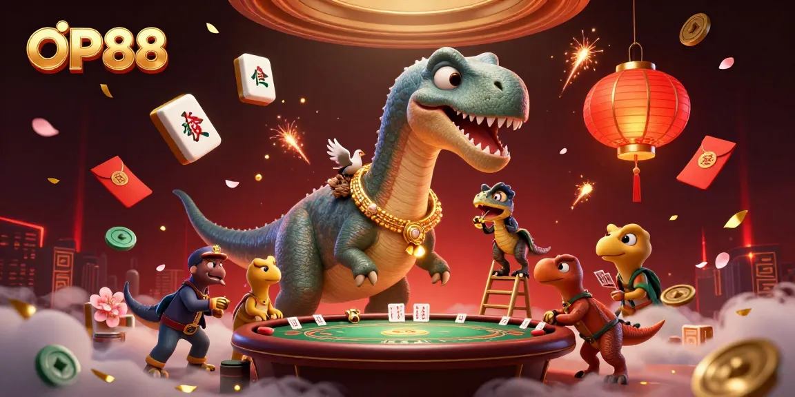Engage with OP88 for thrilling casino experiences while a dinosaur watches over a poker table.