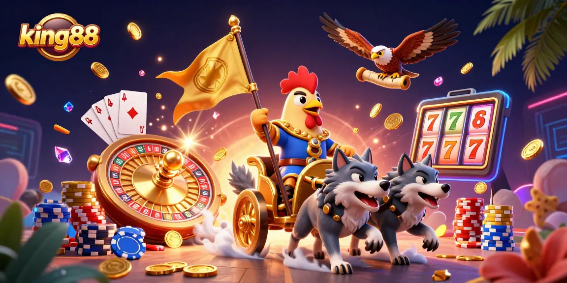 Engage with king88's thrilling gaming experience featuring a rooster warlord amidst golden prizes.