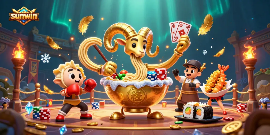 Experience thrilling gameplay with sunwin's giant ramen bowl character in a vibrant casino scene.