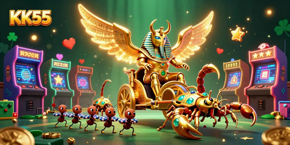 Engage with KK55's vibrant digital gaming experience featuring 3D characters and casino elements.